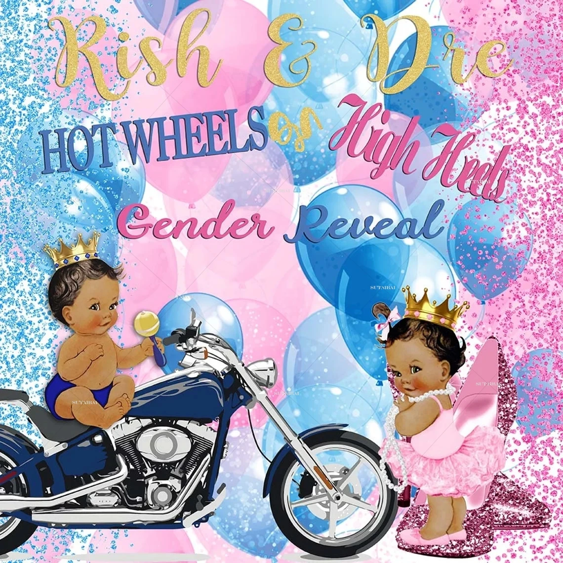 Hot Wheels or High Heels Gender Reveal Photography Backdrop Boy or Girl Baby Shower Balloon Glitter Background Newborn Portrait