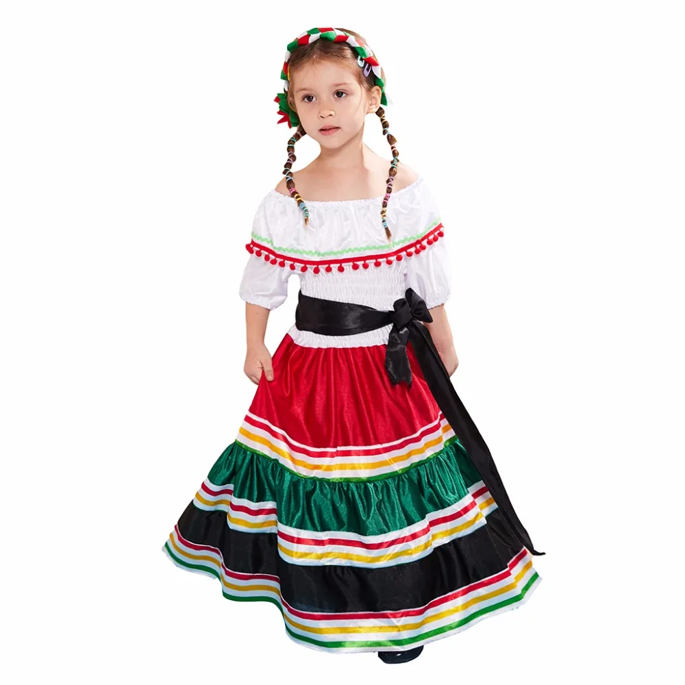 Trễ Vai Mexico Senorita Trang Phục Hóa Trang Halloween Trẻ Em Bé Gái Quốc Gia Cosplay Váy Carnival Phục Sinh Purim Áo Lạ Mắt