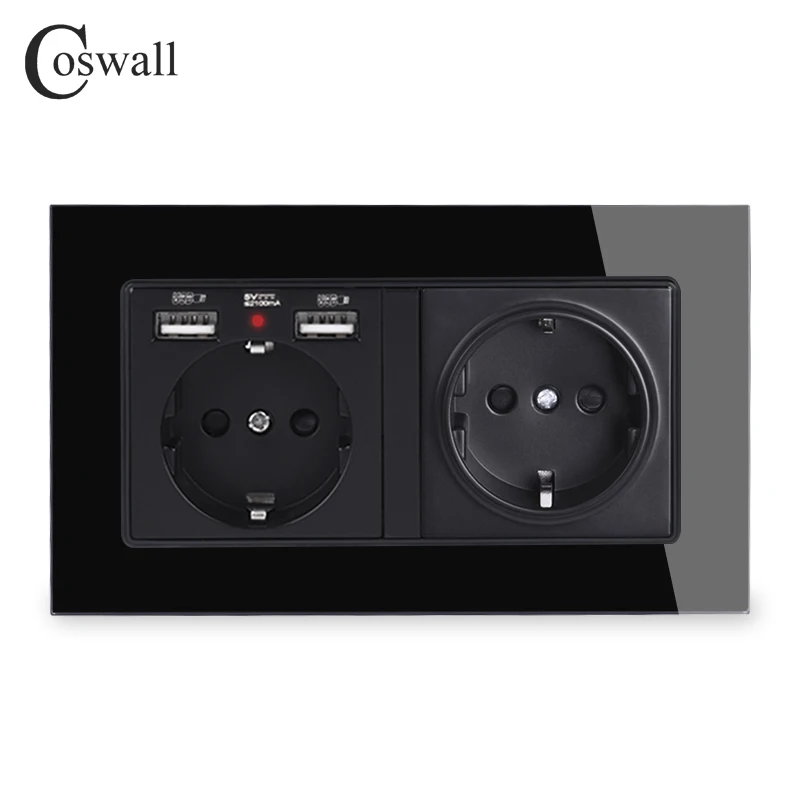 COSWALL Brand 2 Gang Russia Spain EU Standard Wall Socket With 2 USB Charge Port Hidden Soft LED Indicator Crystal Glass Panel