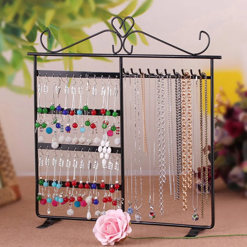 Estante Simple para pendientes y collares, soporte de exhibición de joyería, estante de almacenamiento de mesa para damas con 48 agujeros, 10 ganchos