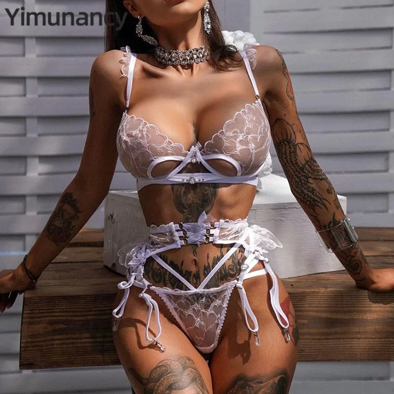 Yimunancy 3-Piece lace lingerie set women flroal embroidery bra underwire + thong underwear set unlined white bra set