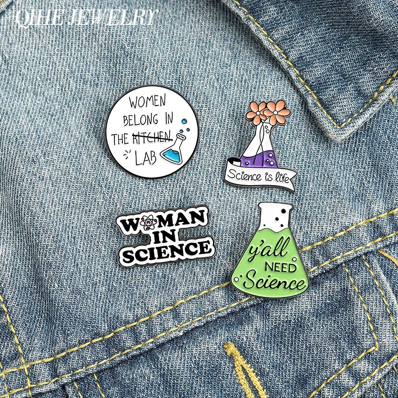 QIHE Jewelry Respectable Female Scientist Enamel Pins Technology Improve Life Brooches Clothes Bag Badges Gifts for Researcher