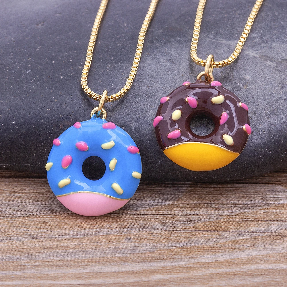 Trendy Kawaii Donut Bread Enamel Drop Oil Colorful Pendant Lucky Candy Color Chain Jewelry Necklace For Kids Birthday Party Gift