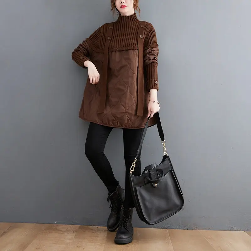 Mid-Length High Neck Knitted Sweater Stitching Cotton Padded Jacket Women Winter 2021 New Loose Thick Warm Pullover Coat M1610