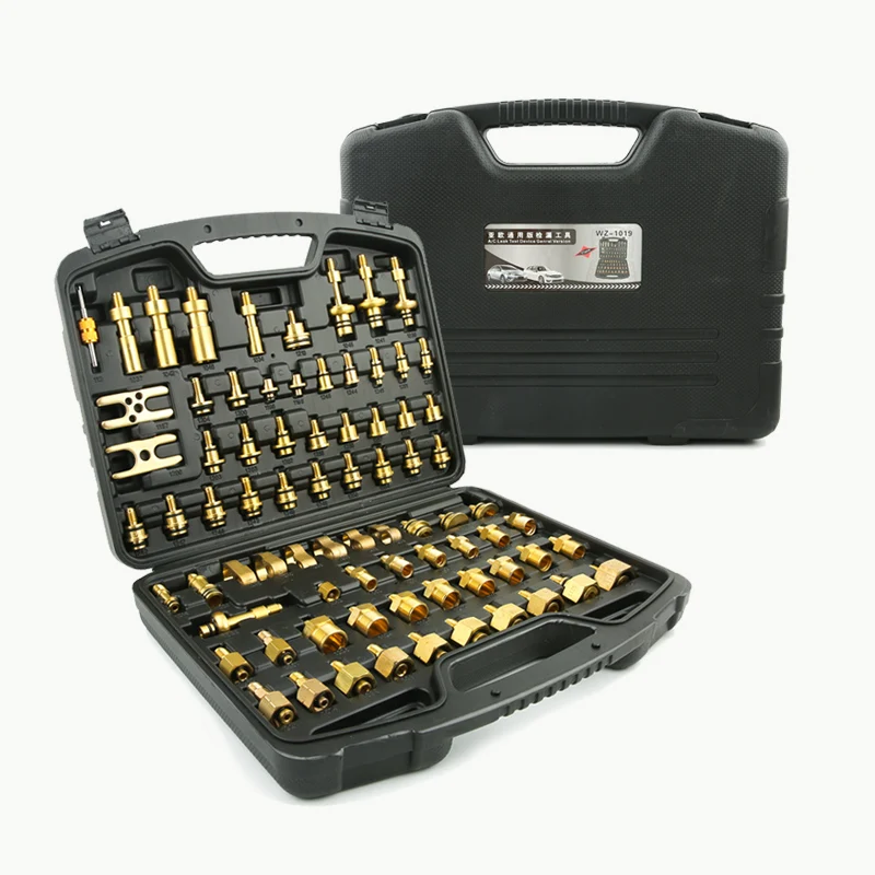 Juego de adaptadores de herramientas de detección de automóviles, 77 Uds., para coche europeo, americano, Asia, Kit de prueba de fugas de aire acondicionado, herramienta de reparación de automóviles