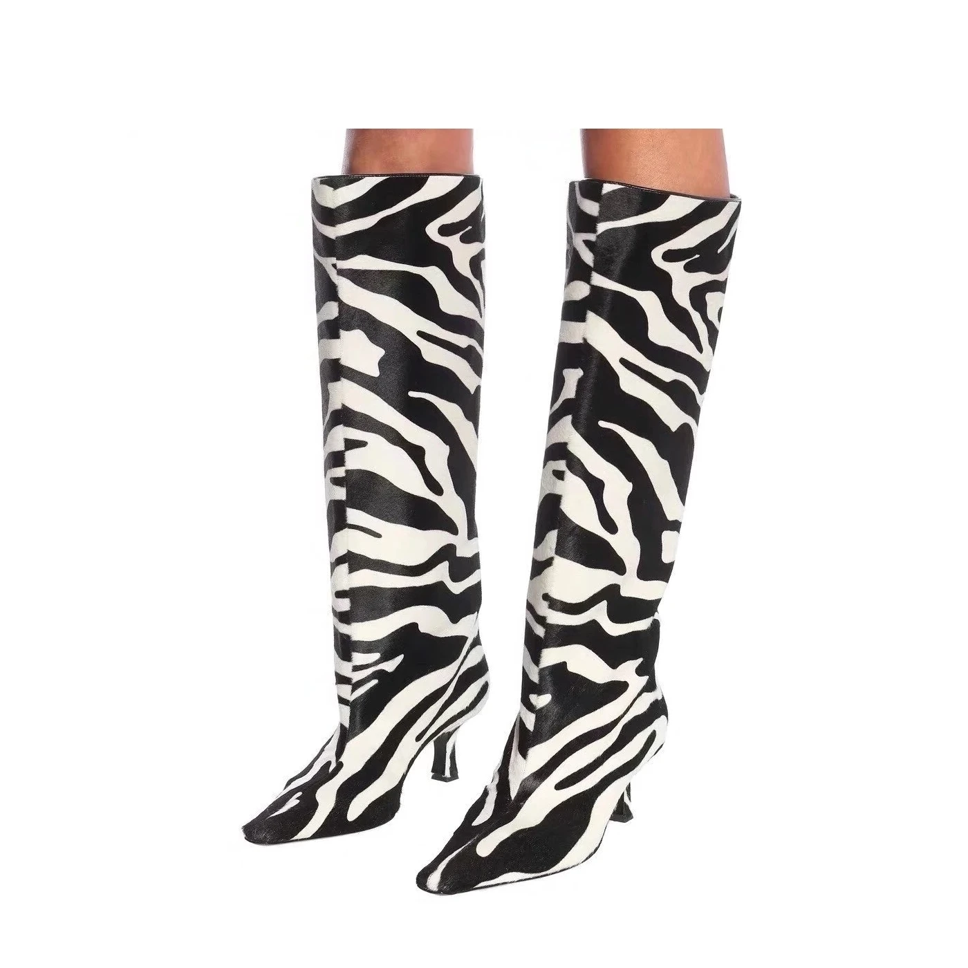 

Zebra Pattern Knee High Medium Heel Boots Newest Fashion Pointy Toe Stiletto Heel Runway Dress Women Boots Slip On Boots