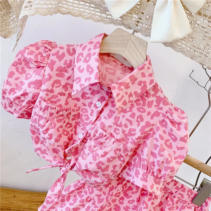 Summer Girls Clothes Suit 2022 Spring Fashion Casual New Girls Pink Leopard Print High Waist Top +Skirt Children\'S Clothing Sets