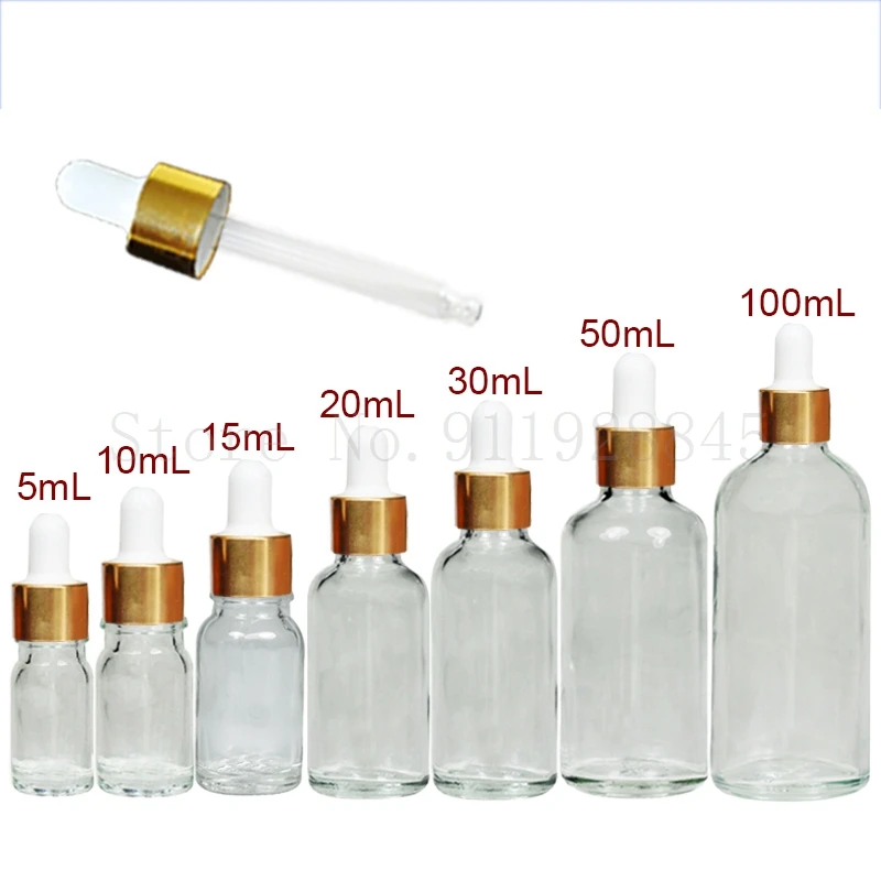 10pcs/lot 5ml to 100ml lab clear round glass Refined oil bottle with glass droppers golden circle for school experiment