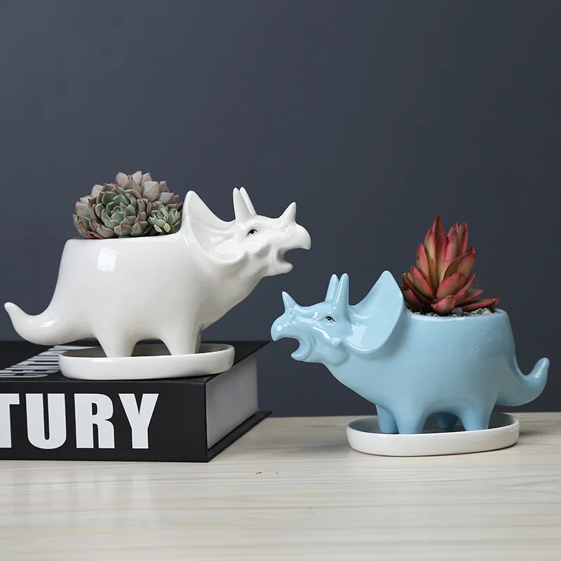 Ceramic Triceratops Planter with Tray, Creative Dinosaur Statue Garden Pot for Succulents Flower Pots Home Office Desktop Decor