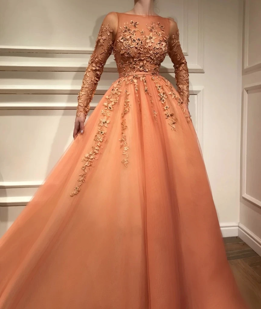 Robe de soirée de forme trapèze, tenue de bal de forme trapèze, style marocain, manches longues, Tulle, avec des Appliques, perlée, longue, turquie, dubaï, arabie saoudite