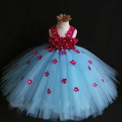 Girls Lavender Flower Petals Tutu Dress Kids Crochet Tulle Dress Ball Gown Children Birthday Wedding Party Costume Evening Dress