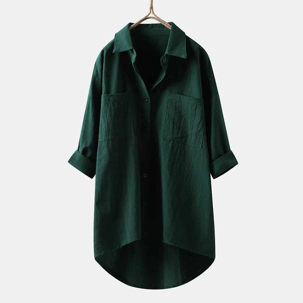 Spring Women Linen Blouse Top Long Sleeve Green Brown Solid Color Button Shirt Loose Plus Size Down Collar Top Blouses