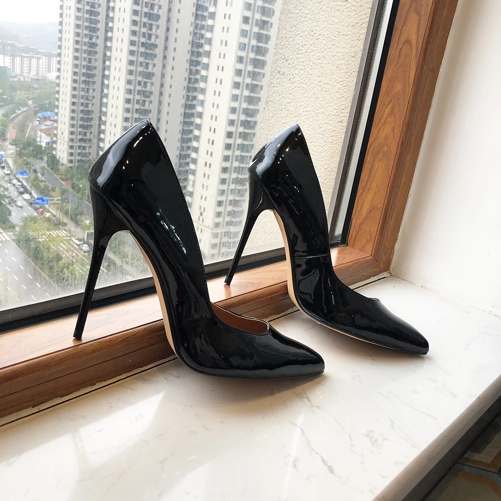 Heelgoo 14cm Extremely High Heel Drag Queen Crossdressing Pointy Toe Stiletto Shoes Black Patent Sexy Pumps Plus Size 40-48