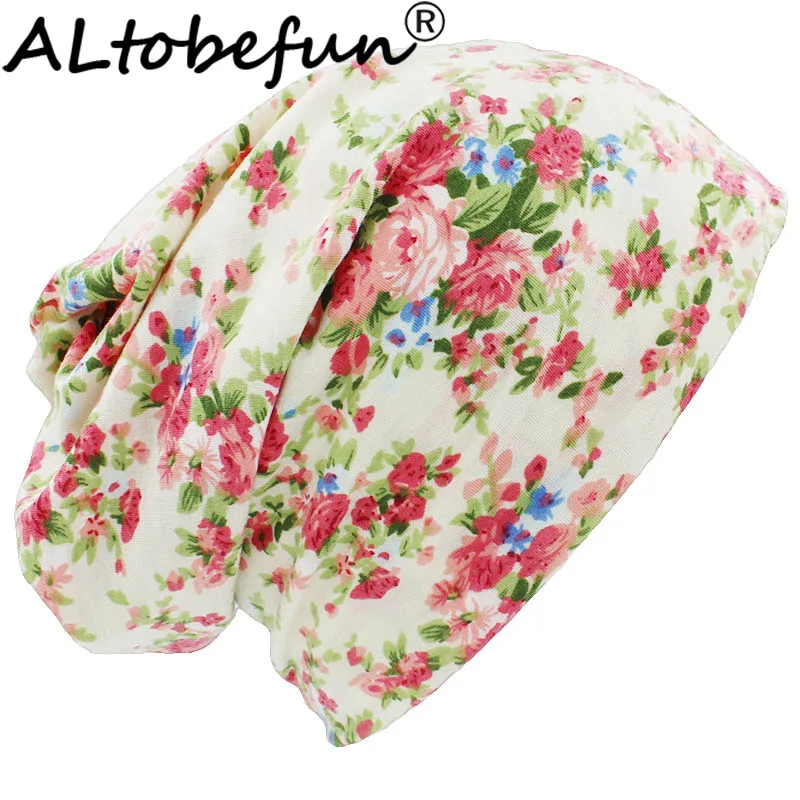 ALTOBEFUN Autumn Winter Women Thin Skullies Beanies Floral Design Multifunction Hats For Girl Lady Fashion Feminino Scarf BHT098