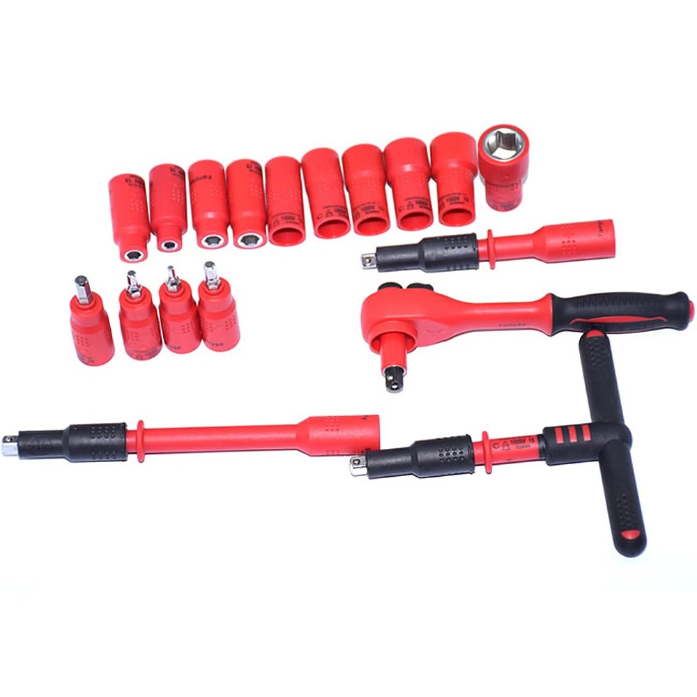 18PCS 1000V VDE Insulated Tools 1/4 Ratchets Wrench Sockets Sets T-Handle Extensions Hex Bits Sockets Resistant To High Voltage