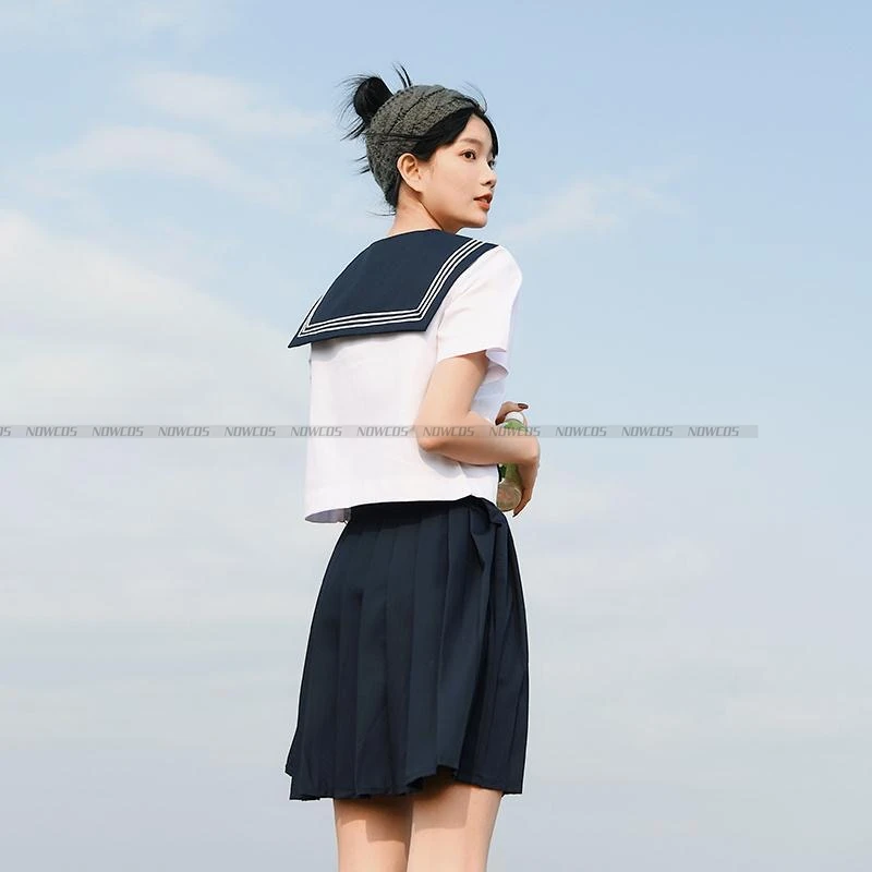 White Three Lines Orthodox JK Uniform Long Sleeve Skirt Genuine Original Basic Sailor Suit Pleated Skirt Full Set Student Wear