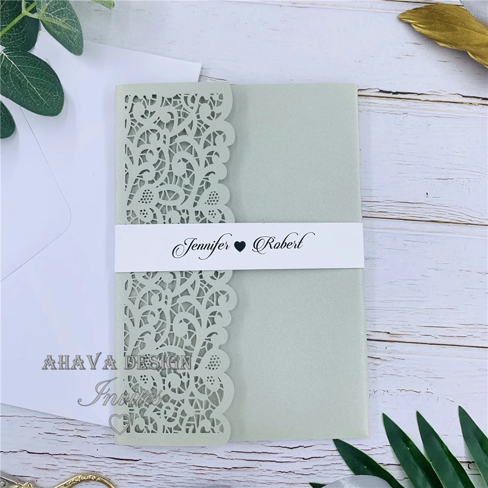 

Silver Tri-fold Lace Wedding Invite With Laser Pocket, Belly Band And RSVP Card