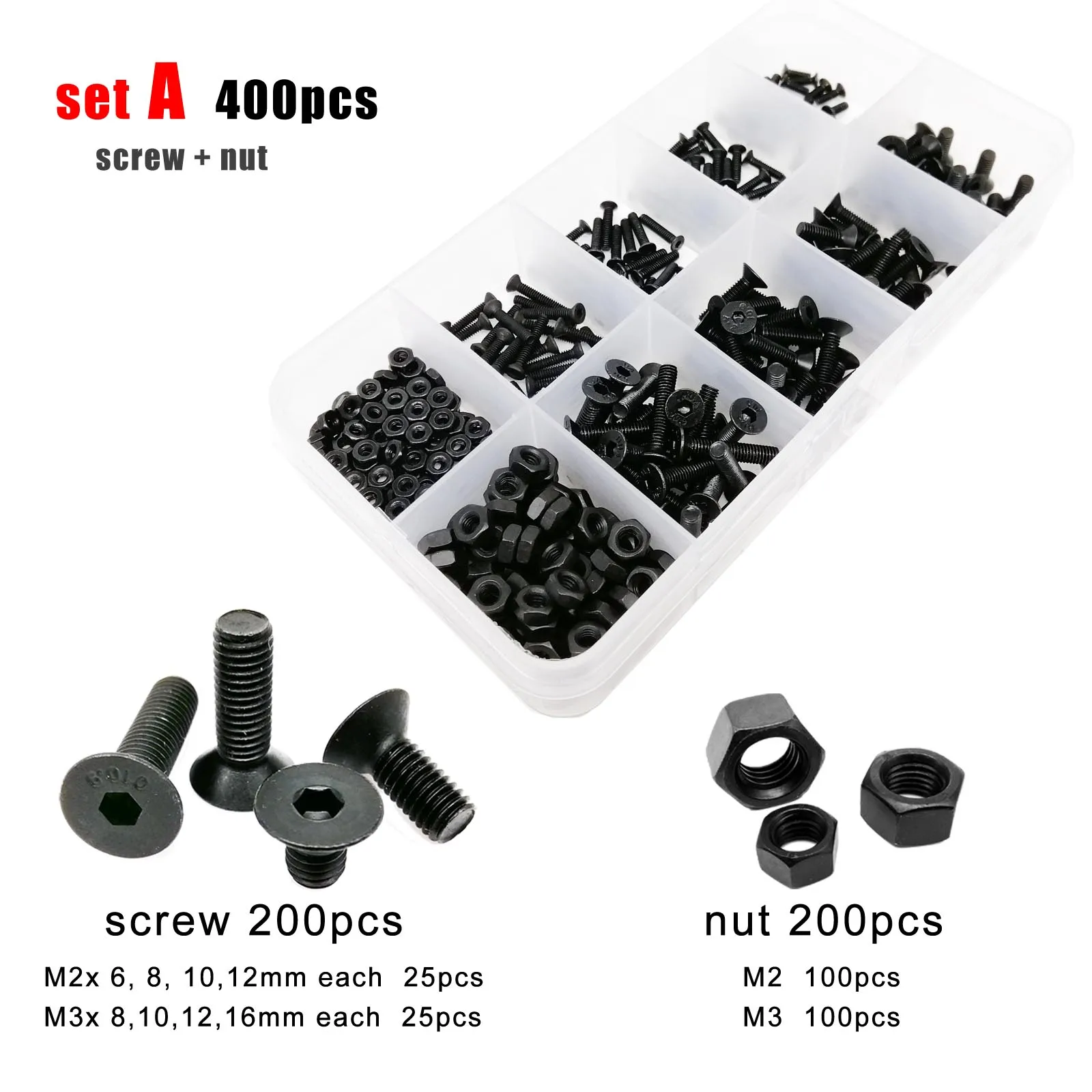 400/2100 M 1,6 M2 M 2,5 M3 M4 Schwarz Grade 10,9 Stahl Hexagon Hex Buchse Flachen Senkkopf Schraube Bolzen mutter Scheibe Sortiment Kit
