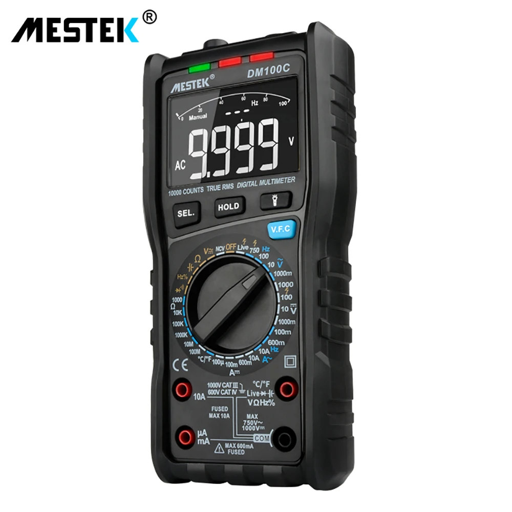 MESTEK DM100C True-RMS Digital Multimeter Button 10000 Count with Analog Bar Graph AC/DC Voltage Ammeter Current Ohm Manual/Auto