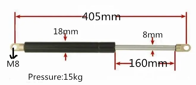 1pcs 405mm Hole Distance 160mm Stroke Auto Gas Spring Hood Lift Support 15KG/33lb Force for Furniture Door Auto M8 Hole Diameter