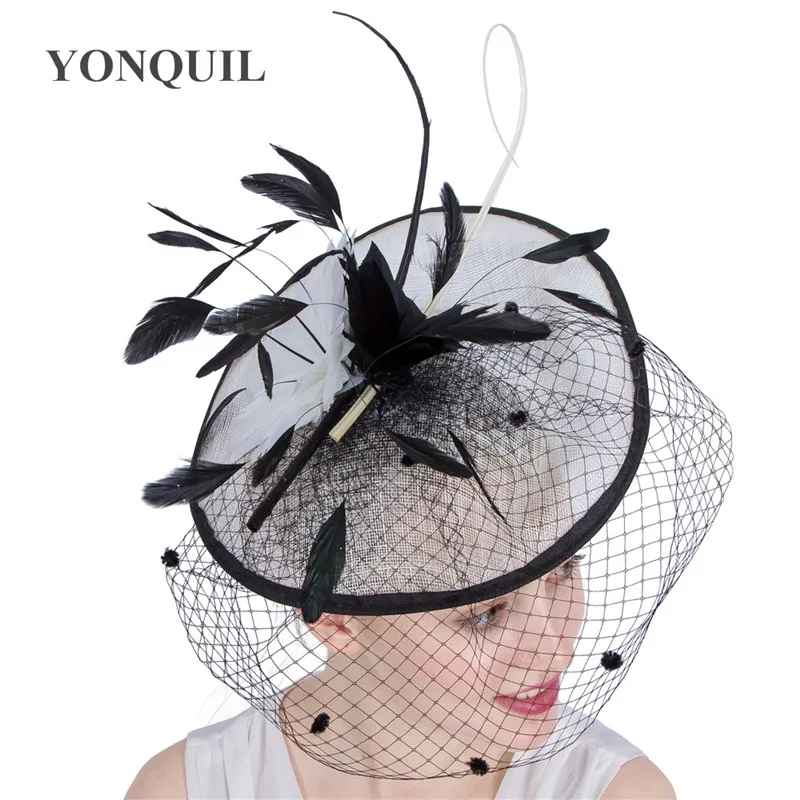 Big Wedding Fascinator Hats Elegant Women Ladies Feather Hair Fascinator Veils Dot Headpiece For Race New Year Chapeau Caps