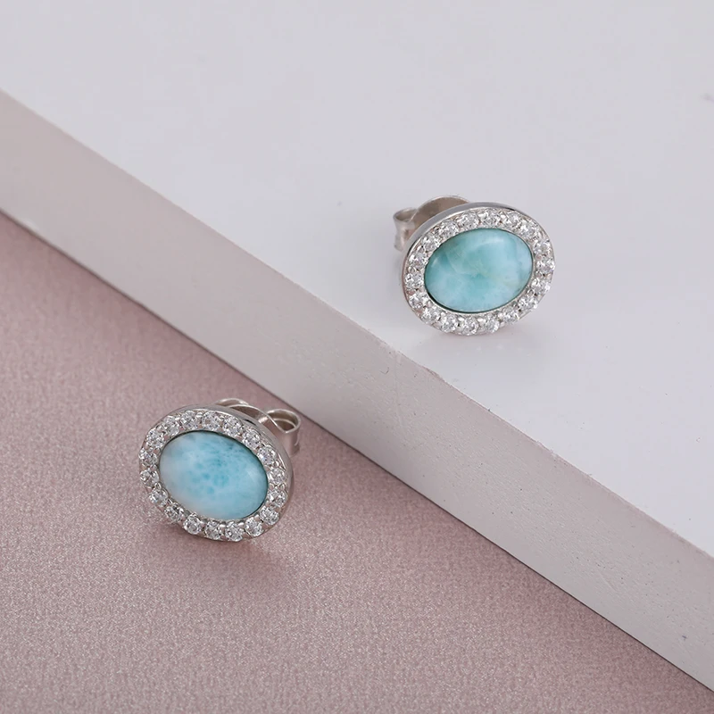 2021 Simple Fashion Geometric Round Charm 925 Sterling Silver Jewelry Gift Classic Natural Precious Larimar Earrings for Women