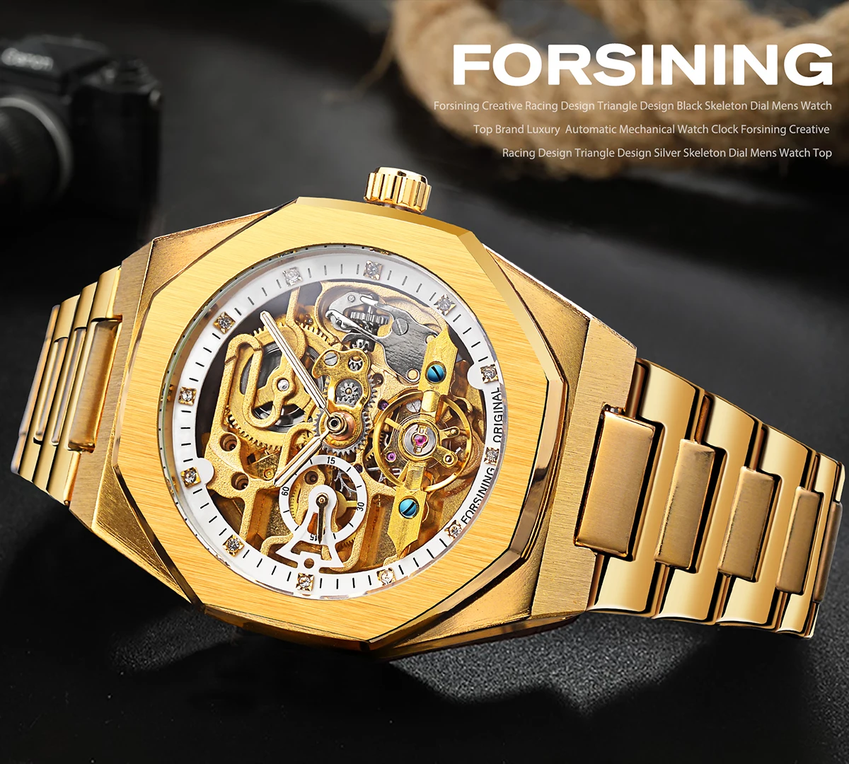 Imagem -02 - Forsining Relógio de Pulso Mecânico para Homens Relógio Analógico Masculino Dourado e à Prova Dágua com Design de Luxo