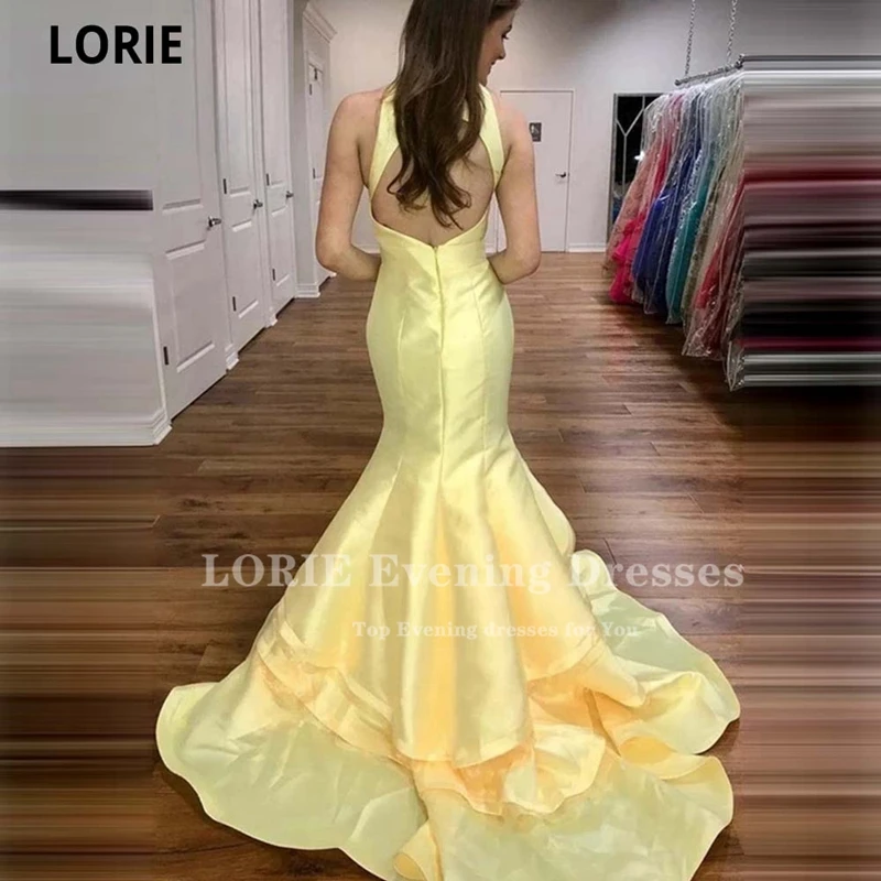 Lorie amarelo halter sem mangas vestidos de fiesta de noche tribunal trem sereia cetim plissado vestidos de noite formatura vestidos de festa