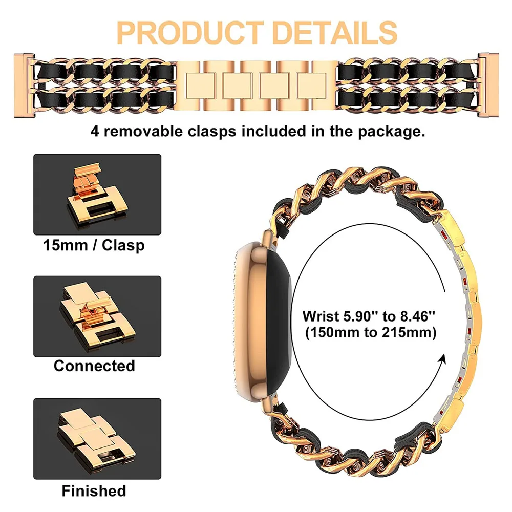 Adjustable Metal Strap for Fitbit Versa 3/ Versa 4/ Sense 2/ Sense 1 Watch Band Women Alloy Chain Leather Belt