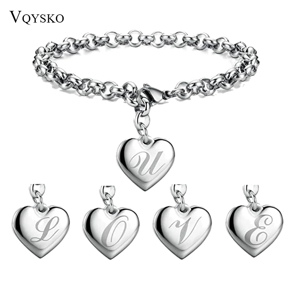 Fashion Summer Initial Charm Alphabet Bracelets Jewelry Stainless Steel Heart 26 Letters Link Bracelet for Women Gifts