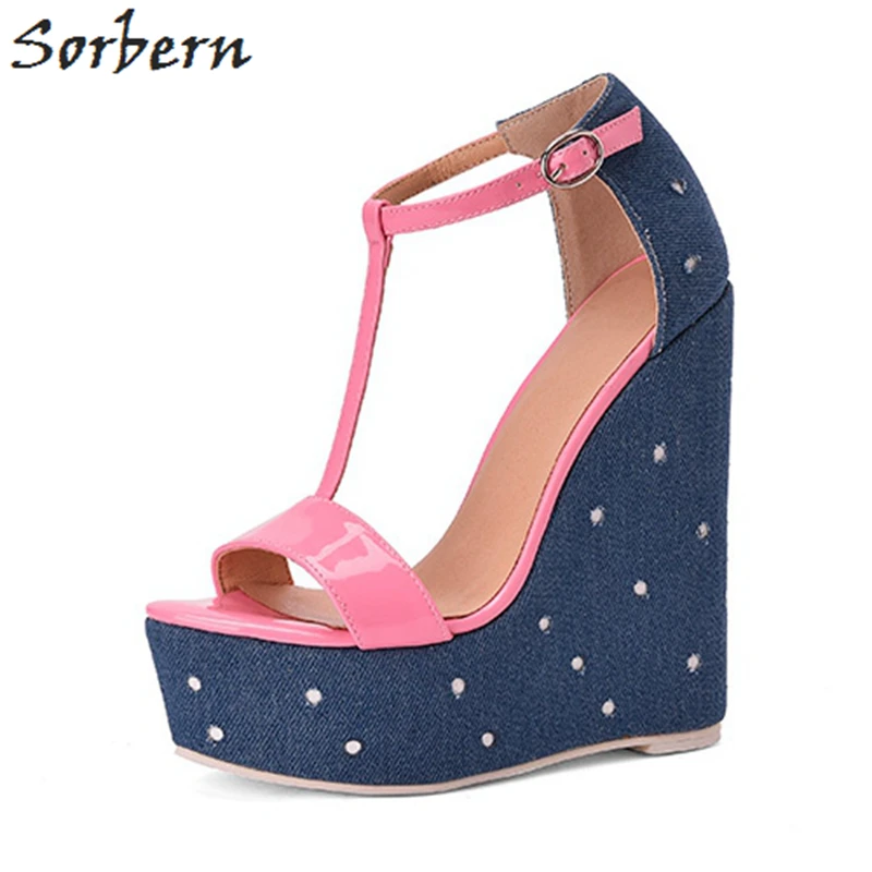 

Sorbern T-Strap Patent Sandals Wedges Platform Summer Shoes Jeans Ladies Sandals Muti Colour Wages Sandals Custom Colors