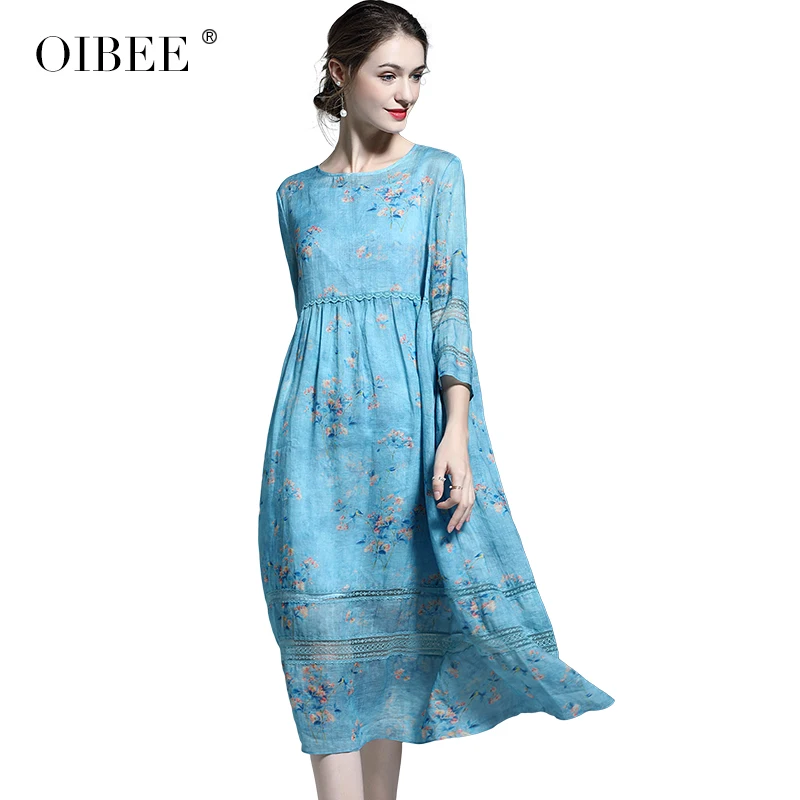 

OIBEE European pyrene 2020 summer new five-point sleeve ramie printed dress female loose mid-length slim skirt