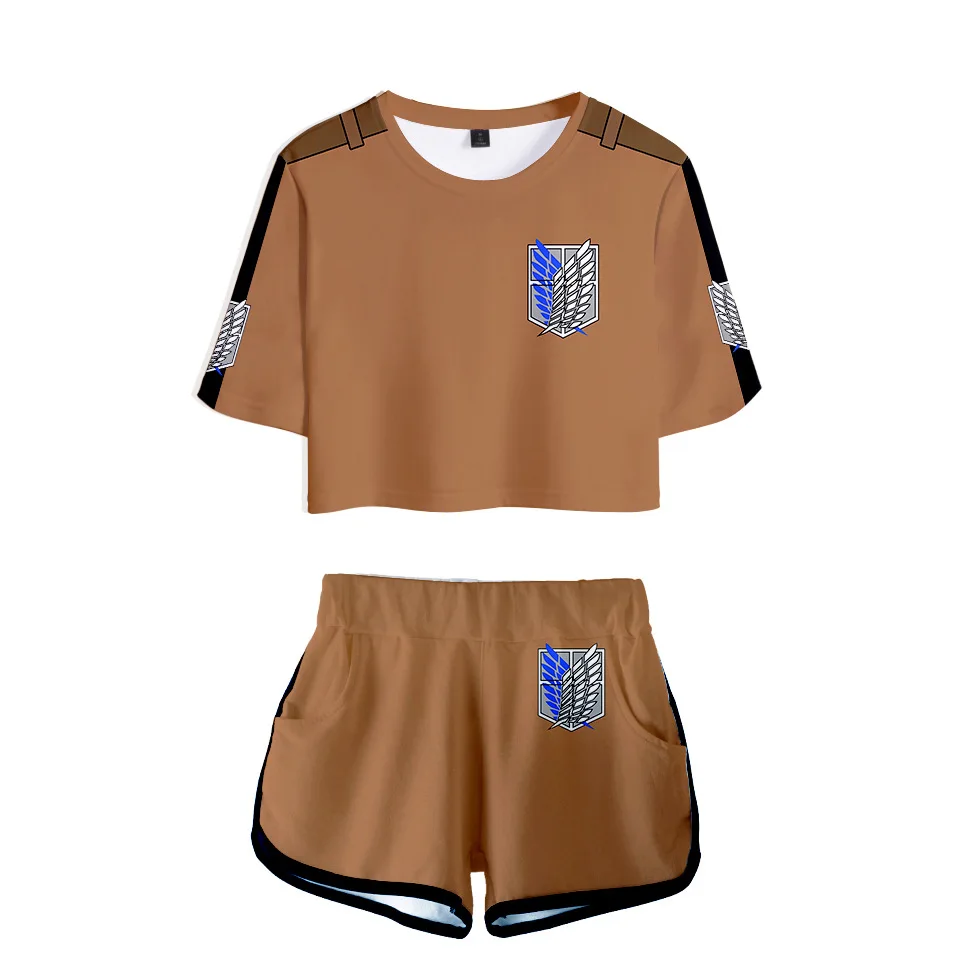 Conjuntos de Anime Attack on Titan para mujer, Top corto de manga corta + Pantalones cortos, chándal para mujer, traje de Cosplay de dos piezas