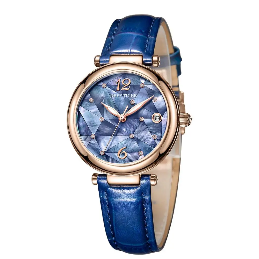 Reef Tiger/RT New Design Luxury 316L Steel Blue Dial Automatic Watches Women Genuine Leather Strap Watches RGA1584