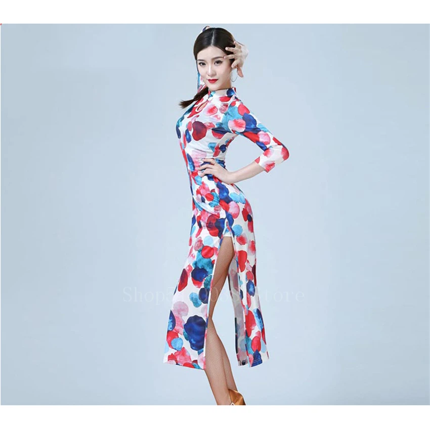 Neue Frauen Latin Dance Kleid Lange Hülse Druck Split Vintage Qipao Ballrom Praxis Mordern Wettbewerb Bühne Perfornmance Set