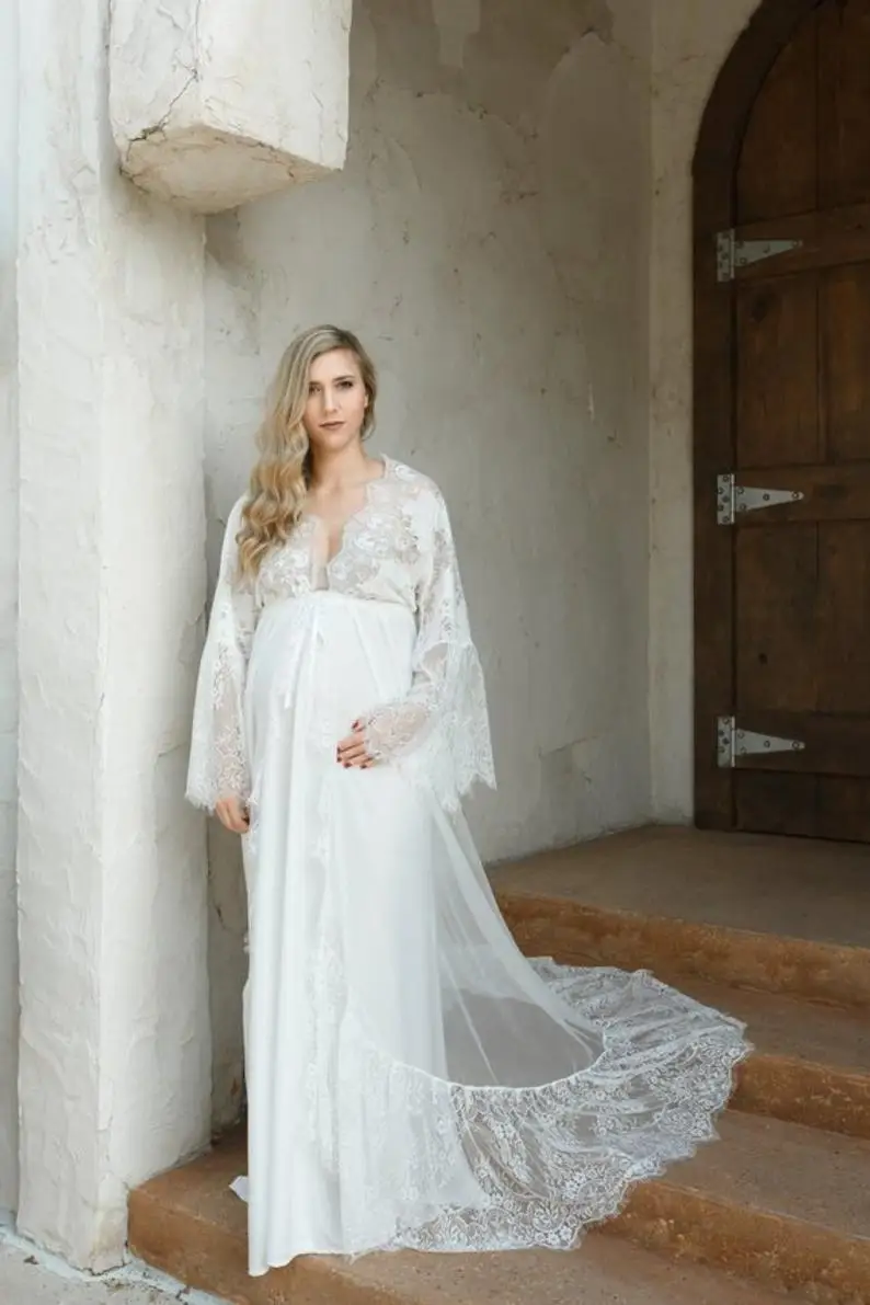 Vestidos de casamento para grávidas sexy com decote em v mangas compridas roupões de banho de renda feito sob encomenda ver através da varredura trem roupões de maternidade