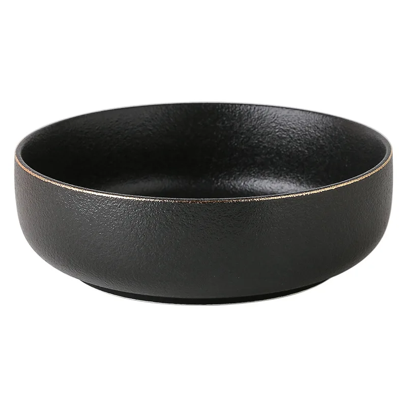 Matte Frosted Gilt Rim Black Porcelain Dinner Plate Set Kitchen Plate Ceramic Tableware Food Dishes Rice Salad Noodles Bowl