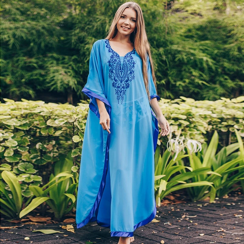 Vintage Kaftan Chiffon Long Dress Blue sky Translucent Light Long Dress Beach bikini Cover Caftan Bohemia Delicate Embroidery