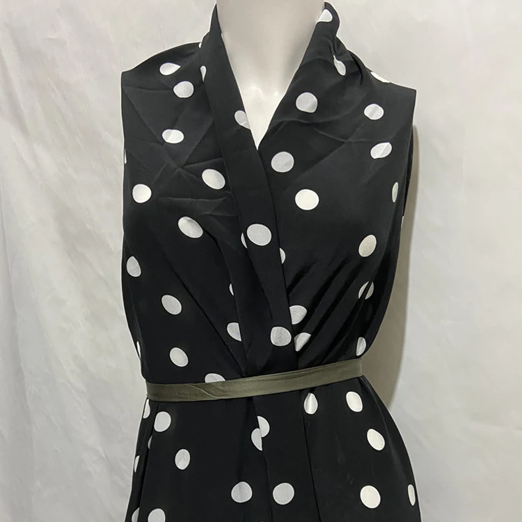 White polka dot on black pure silk crepe de chine silk fabric 16momme thickness,SCDC1312