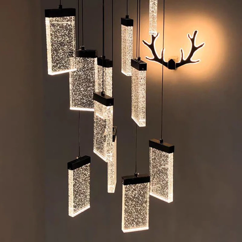 

Modern led chandelier black duplex attic living room staircase square crystal chandelier hall staircase indoor lighting Pendant