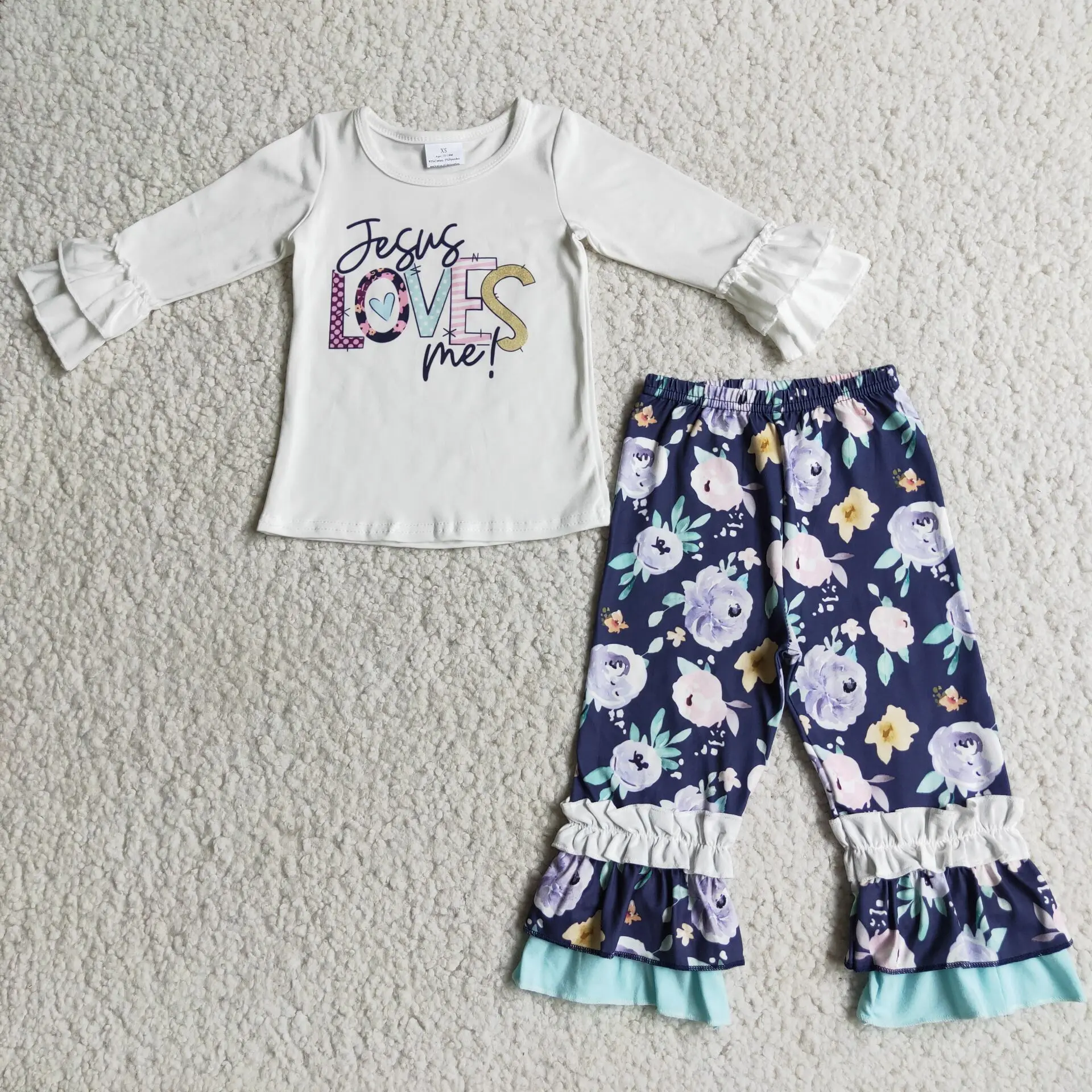 

Boutique design girl lotus leaf sleeve white letter blouse flower print blue lotus leaf trousers kids clothing set