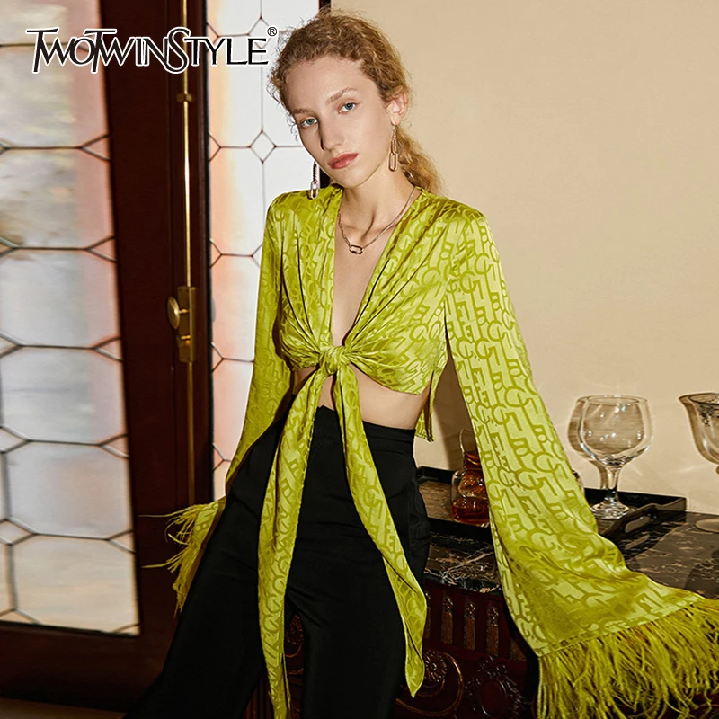 

TWOTWINSTYLE Sexy Green Short Women's Shirt V Neck Bell Long Sleeve Patchwork Feathers Lace Up Blouses Female 2021 Fashion Style