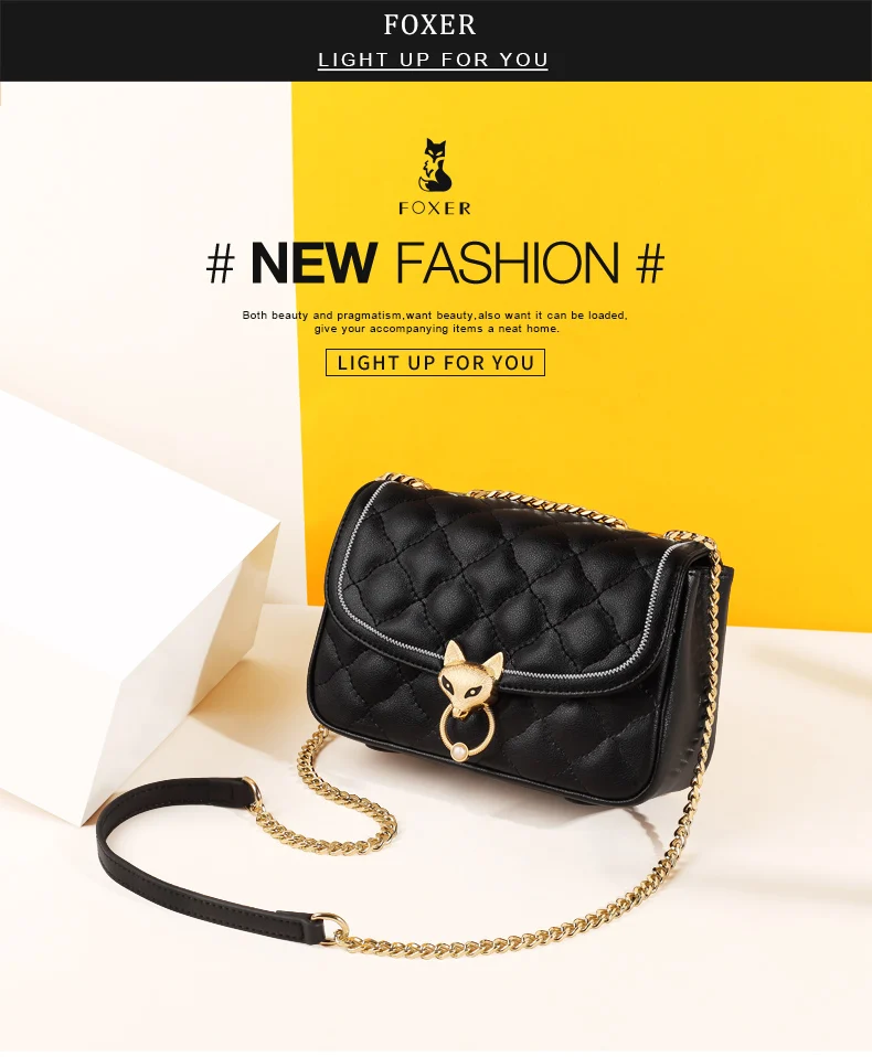 FOXER Damen-Umhängetasche aus Spaltleder mit Kettengurt, Elegante Klassische Crossbody-Tasche mit Rautenmuster, Damen-Messenger-Taschen – Detail 1