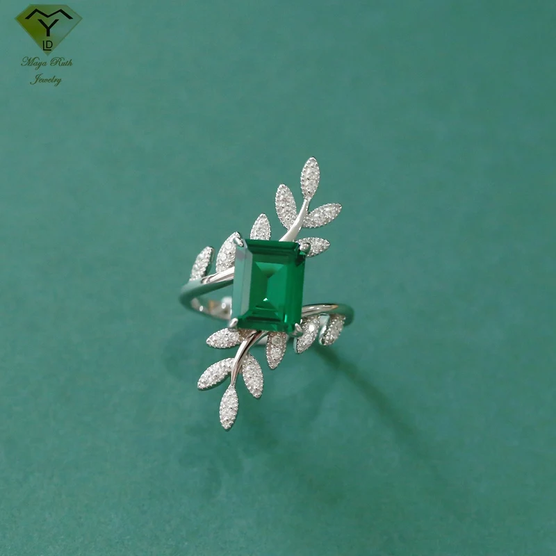 Created Emerald Gemstone Ring Real 925 Sterling Silver Party for Women Gifts Leaf Square Shape Special Design Vintage Elegant