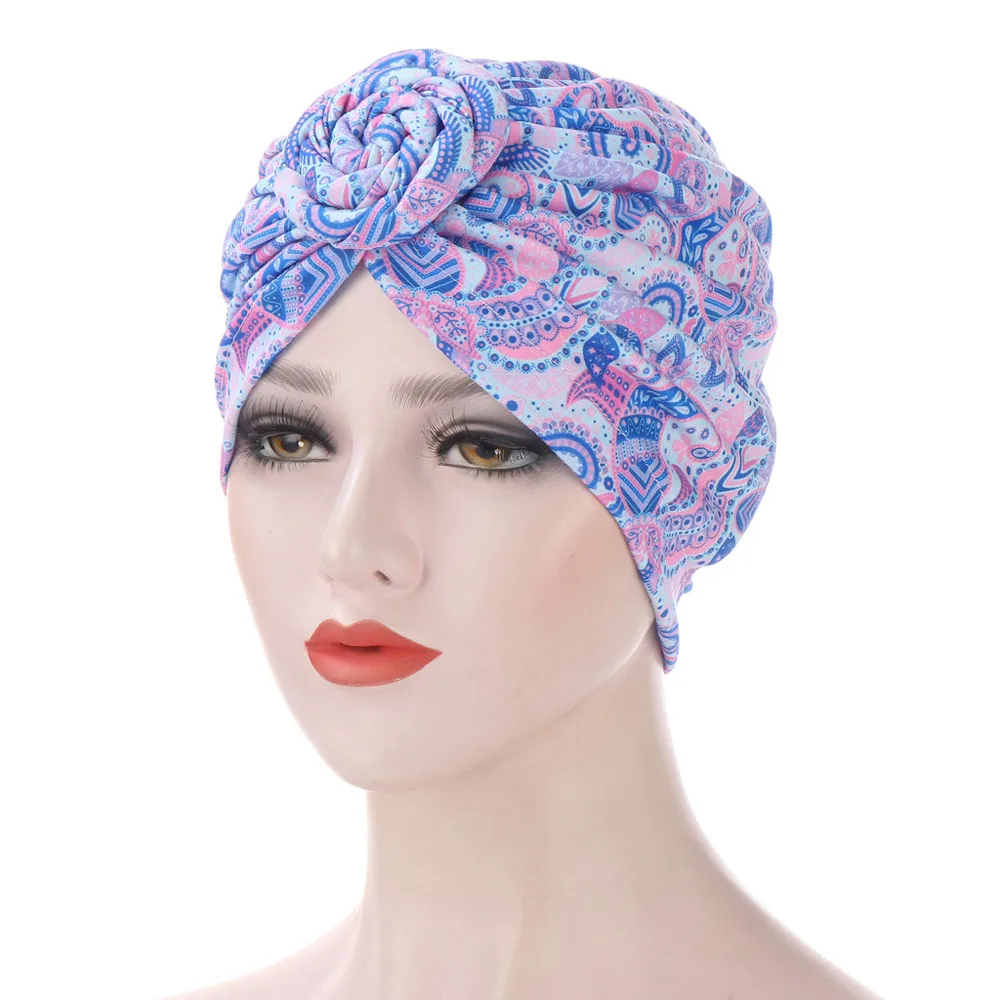 Berretto turbante stampato fiore etnico donne musulmane Twist Knot chemio cappello foulard Beanie Bonnet copricapo islamico Wrap Hair Loss Cover