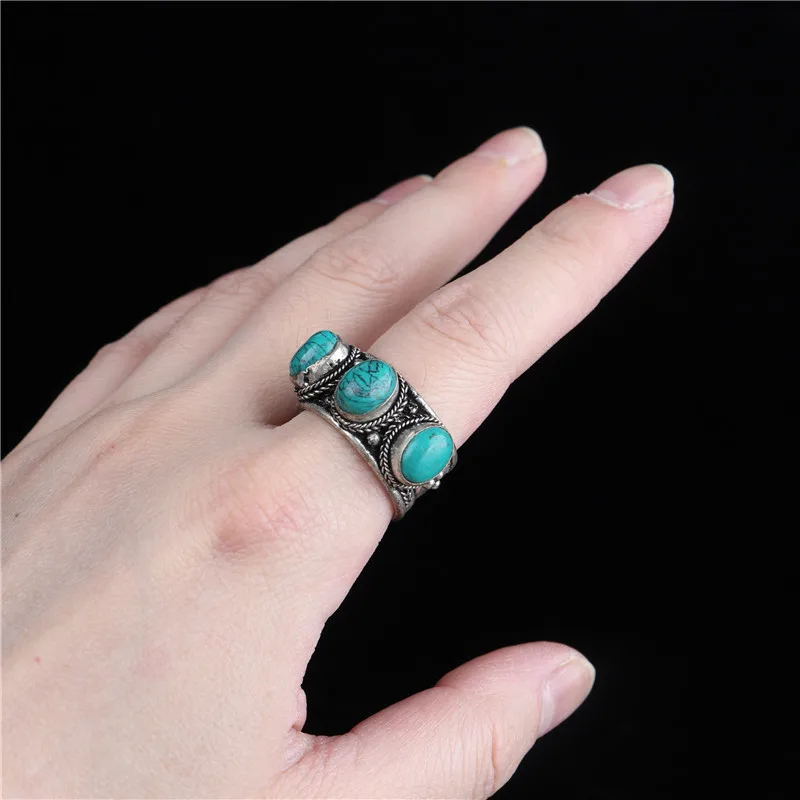 Tibetan Rings Copper inlaid 3 Turquoise Beads Open Rings for Man Tibetan Jewelry R211