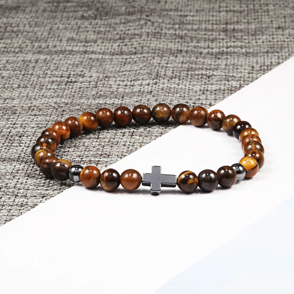 Hot Fashion Cross Charm Bracelet For Men Women Handmade Beaded Natural Tiger Eye Bracelets Yoga Prayer Jewelry Gift Homme