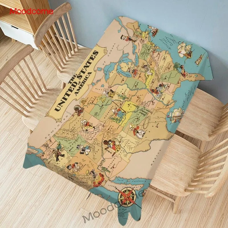 Vintage US 50 States Antique Map Cartoon Texas Massachusetts Home Kitchen Table Cloth Waterproof  Wall Art Linen Desk Tablecloth