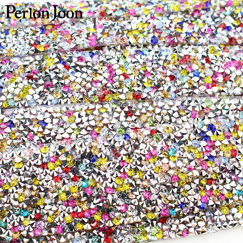 1cm 1Yard Multicolor Resin Motif Crystal Rhinestone Tape Trim Hot Fix Ribbon Iron On Appliques For Dress Shoe Decoration TR003