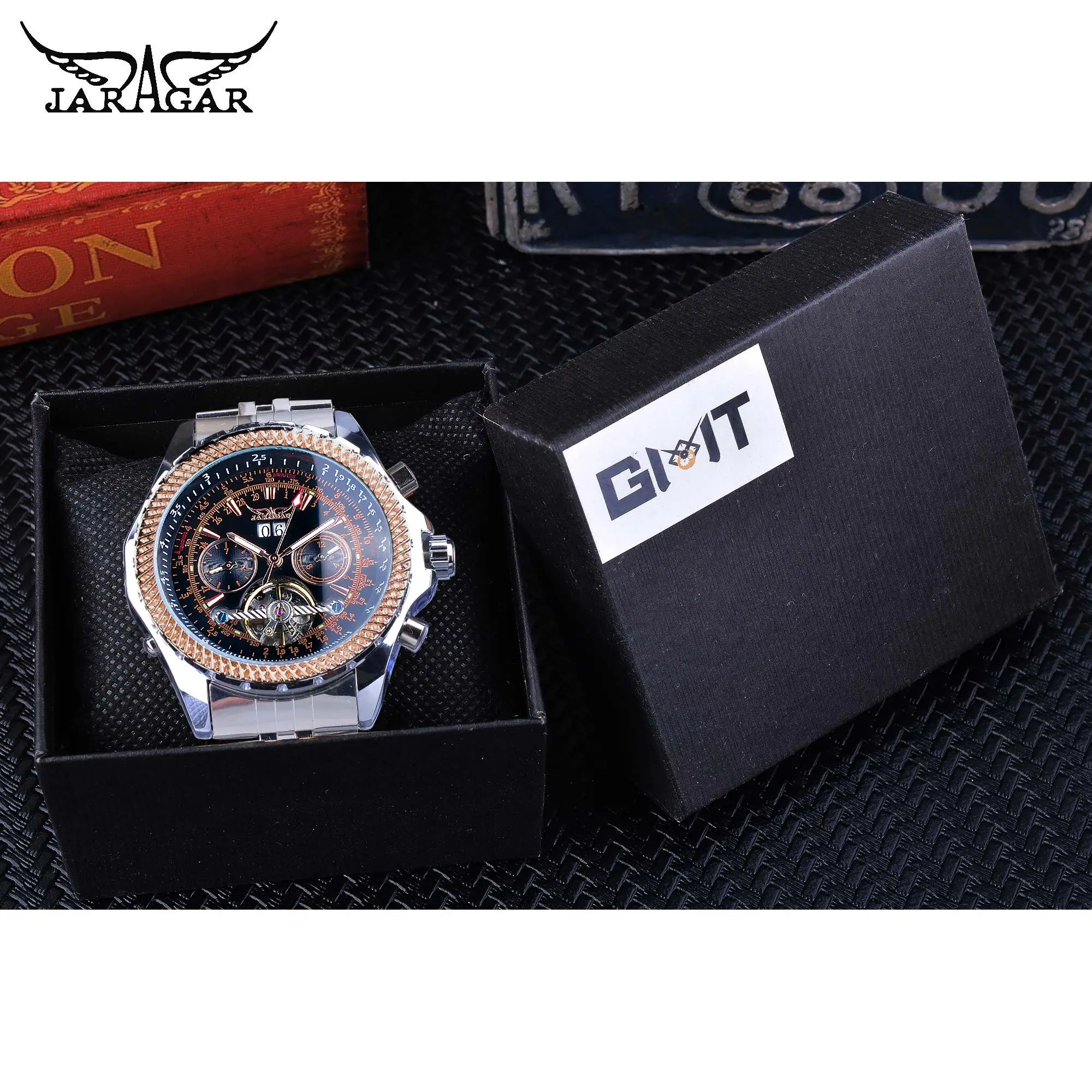 Jaragar Silver Stainless Steel Tourbillion Business Design Calendar Display Mens Mechanical Automatic Watches Top Brand Luxury